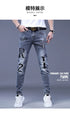 Slim Fit Korean Streetwear Graphical Printed Luxury Hip-Hop Stretch Denim Jeans for Men - Perfect Medium Wash Jeans Outfit